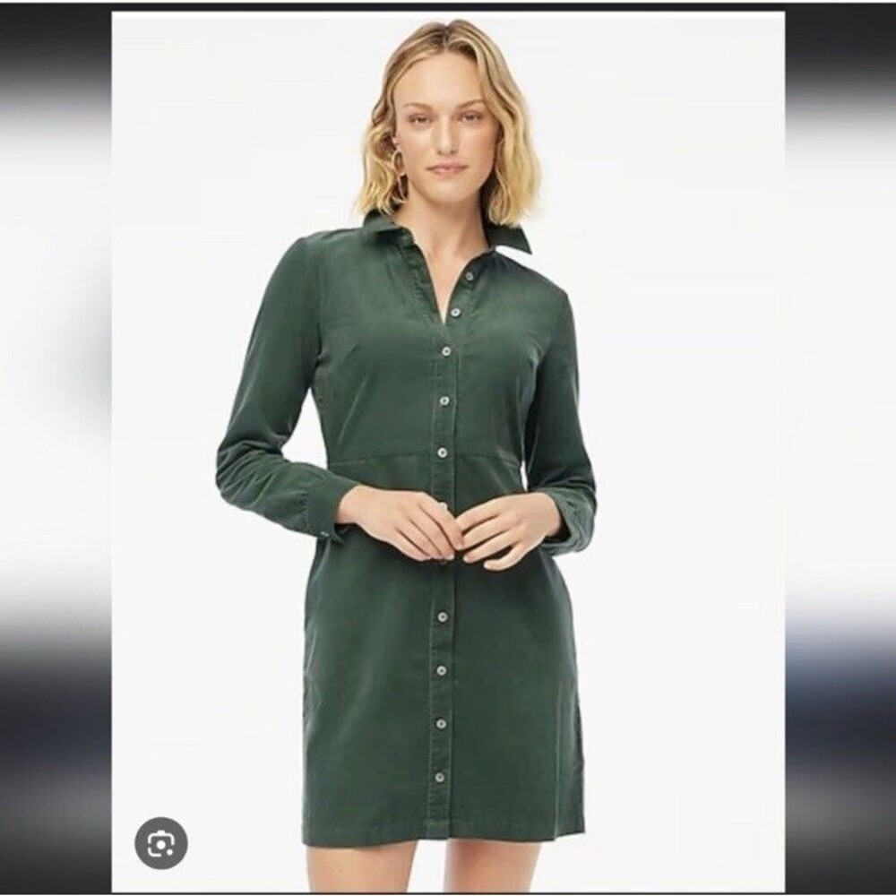 J Crew Corduroy Shirt Dress Womens 8 Green Button Front Long Sleeve Fall Cottage